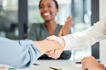 Canvas Print - Handshake, deal and business partnership agreement with applause at startup office. Shaking hands, thank you and corporate welcome to new recruit or happy partner. Hand shake at recruitment meeting.