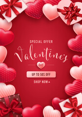 Wall Mural - Valentine's day sale banner. Discount promotion for shopping. Background with heart elements and gift boxes.