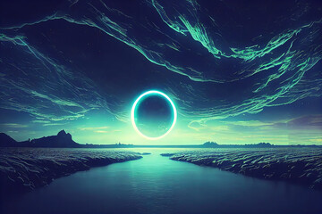 Canvas Print - Night landscape with a neon circle on the horizon, a mountain landscape of an alien planet with unknown water bodies 3D illustration.