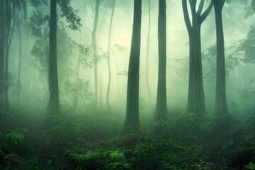 Wall Mural - Foggy night forest with dark tree trunks 3D illustration.