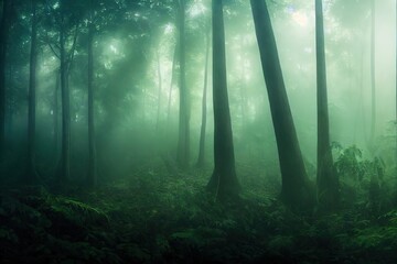 Wall Mural - Foggy night forest with dark tree trunks 3D illustration.