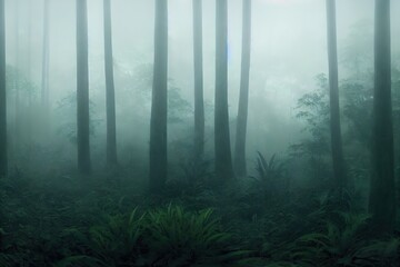 Sticker - Foggy night jungle forest, dark trees in white mist 3D illustration.