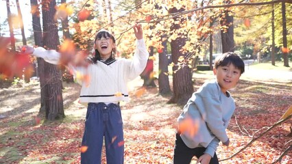 Wall Mural - 紅葉の公園で遊ぶ11歳の女の子と10歳の男の子