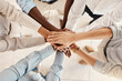 © C D/peopleimages.com - Group hands stack, support business team and motivation solidarity together in office with diversity. Success hand teamwork, multicultural colleagues collaboration and corporate people from above