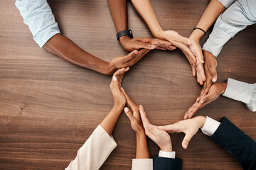 People with hands in circle, business diversity and banner for global recruitment marketing. Round table meeting, solidarity in corporate workplace, group collaboration and united nations community