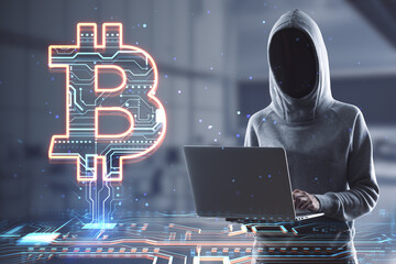 Canvas Print - Cryptocurrency theft and exchange concept with glowing digital bitcoin sign with micro circuit on faceless person in hoody using laptop background, double exposure