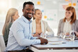 © C D/peopleimages.com - Portrait of employee, happy and smile in meeting with team planning, conversation and communication in office. Black man in training, workshop or seminar with business people for corporate teamwork