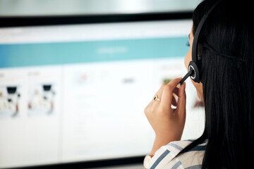 Poster - Contact us, customer service, woman telemarketing employee on a computer call consultation. Back view of crm and web help office consultant with headset talking about call center working support