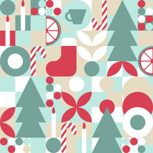 Geometric Seamless Pattern With Winter Patterns. New Year - Trendy Colored Mosaic Texture For Textiles And Wallpapers, Christmas Symbols - Christmas Tree, Candles, Stocking, Candy Cane, Toys.