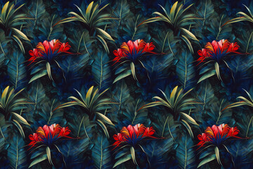 Wall Mural - Exotic jungle full of large flowers and fruits. Seamless floral background. Repeat pattern for fabrics, wallpapers, wrappers, greeting cards, wedding invitations, banners, web. 3d illustration