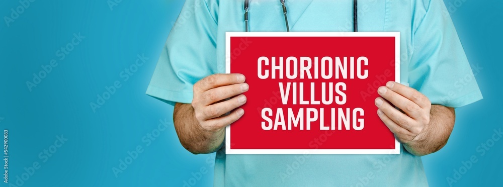 Chorionic villus sampling (CVS). Doctor shows red sign with medical ...