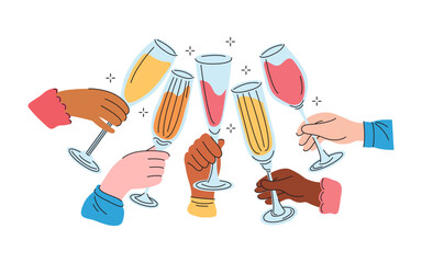 Group people of different nationalities drink sparkling wine or champagne. Friends hands holding glasses cocktail and cheers or drinking toast to friendship. Colored graphic flat vector illustration.