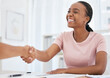 © Talia M/peopleimages.com - Business, black woman and handshake, deal and HR hiring in meeting, interview and consulting, support and teamwork success. Happy employee shaking hands, recruitment partnership and b2b company trust