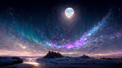 Surrealistic land at night with shiny, iridescent magical crystals. Fantasy game prop, background, 3d illustration. 3.