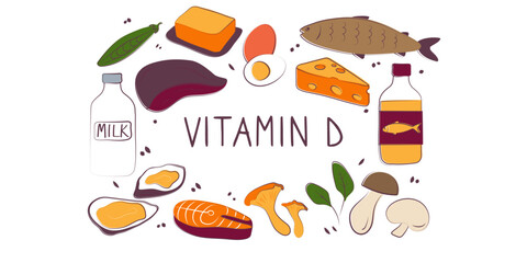 Vitamin D cholecalciferol. Groups of healthy products containing vitamins. Set of fruits, vegetables, meats, fish and dairy.