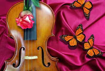 Wall Mural - Violin, pink rose and colorful tropical monarch butterflies on red silk background. Melody concept.