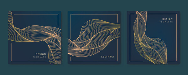 Wall Mural - vector set of wavy luxury line cards, golden dynamic square backgrounds, posts, design template. art