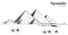 Drawing Pyramids And Desert In Giza, Egypt. Vector Illustration