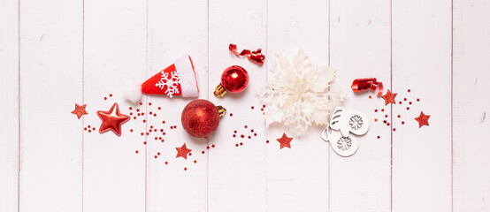Wall Mural - Christmas banner made from festive decorations top view. Christmas flat lay