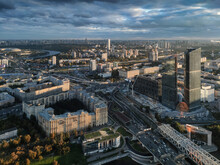Panoramic View Of Moscow. A Big City At Sunset From A Great Height. Megapolis