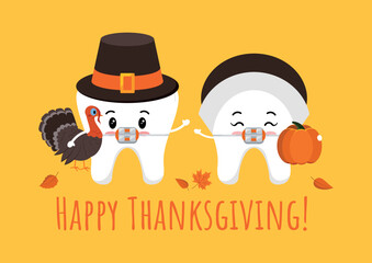 Wall Mural - Thanksgiving tooth in braces in pilgrim hat with pumpkin and turkey in hand. White teeth in carnival costume - dental character for dentist card. Flat design cartoon style vector illustration.