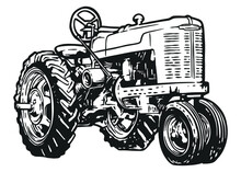 Vintage Farm Tractor - Hand Drawn Illustration - Out Line