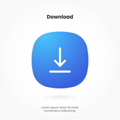 Poster - 3D blue download button icon. Upload icon. Down arrow bottom side symbol. Click here button. Save cloud icon push button for UI UX, website, mobile application.