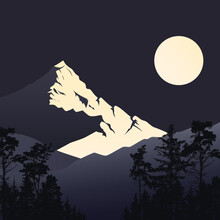 Mountains And Pines On A Moonlit Night. Vector Illustration Of A Mountain Landscape With Pine Trees On A Moonlit Night. Sketch For Creativity.