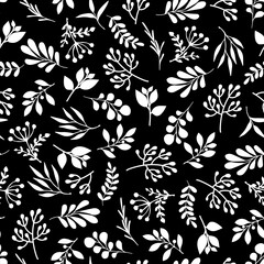 Wall Mural - seamless pattern with white   flowers and leaves on a black background.