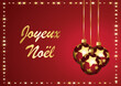 Merry Christmas in french. Starry christmas baubles on red and gold background. Vector illustration.