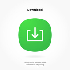 Poster - 3D GREEN download button icon. Upload icon. Down arrow bottom side symbol. Click here button. Save cloud icon push button for UI UX, website, mobile application.