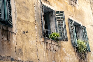 Poster - Exterior shot of old wall building with rusty wgray windows with plants