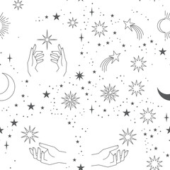 Wall Mural - Seamless pattern with constellations. Sun, moon, magic hands and stars. Mystical esoteric background for design. Astrology magical vector.