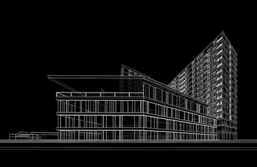 Modern building on black background linear 3d drawing