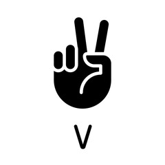 Sticker - Letter V in ASL system black glyph icon. Sound visualization by gestures. Communication system element. Silhouette symbol on white space. Solid pictogram. Vector isolated illustration