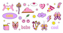 Sticker Girly 90s. Vector Set Of Pop Stickers 2000 Vibe. Retro 90s Good Vibe Girly Illustrations