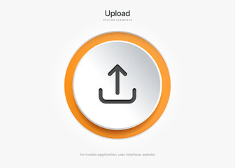 Poster - 3D orange upload download button icon. Upload icon. Down arrow bottom side symbol. Click here button. Save cloud icon push button for UI UX, website, mobile application.