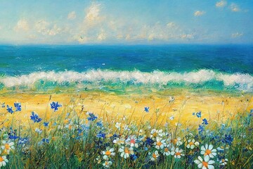 Wall Mural - Summer blue sky green sea water wild flowers on beach nature landscape , impressionism art background