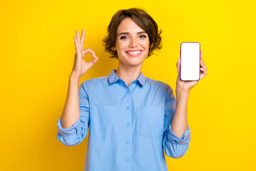 Photo of attractive girl with brown hair dressed blue shirt hold phone showing touch screen okey isolated on yellow color background