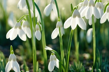 Poster - field of snowdrops among dry grass on a spring sunny day. snowdrops close up. beautiful landscape of