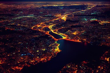 Poster - Night city with lights, top view. neon lights of streets and buildings 3D illustration.