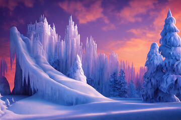 Wall Mural - Winter landscape neon sunset. Frozen tall trees, ground under a layer of white snow 3D illustration.