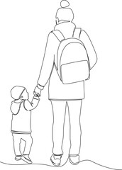 Wall Mural - rear view single line drawing of mother and toddler walking hand in hand, continuous line art vector illustration