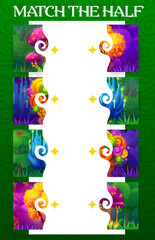 Wall Mural - Match the half of fantastic fairy magic tree and plant, kids game worksheet. Cartoon vector boardgame with separated cards with fantasy alien mushrooms and trees. Brainteaser for children activities