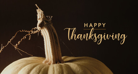 Wall Mural - Rustic vintage style Thanksgiving greeting with pumpkin stem closeup by holiday text.
