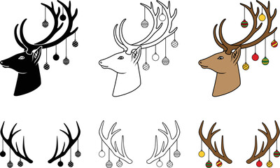 Wall Mural - Christmas Deer with Ornaments on Antlers - Outline, Silhouette & Color