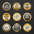 Money back golden badges, labels and guarantee seals, vector gold stamps. Money back warranty badges, customer satisfaction sticker with 100 percent, golden star and crown in laurel wreath