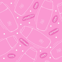 Wall Mural - Cosmetic bottles, lettering and white polka dots on a pink background vector seamless pattern