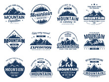 Mountain Climbing, Camping And Expedition Icons, Alpine Tourism And Trekking Club, Vector Symbol. Mountaineering Sport, Mountain Hiking Adventure, Nature Exploration And Scout Camping Club Tours