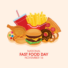 Wall Mural - National Fast Food Day poster with pile of junk food vector. Pile of unhealthy fried and sugary food still life icon vector. Group of junk food drawing. November 16. Important day